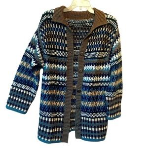 Vintage Russ chunky‎ knit long collared button front cardigan size Medium